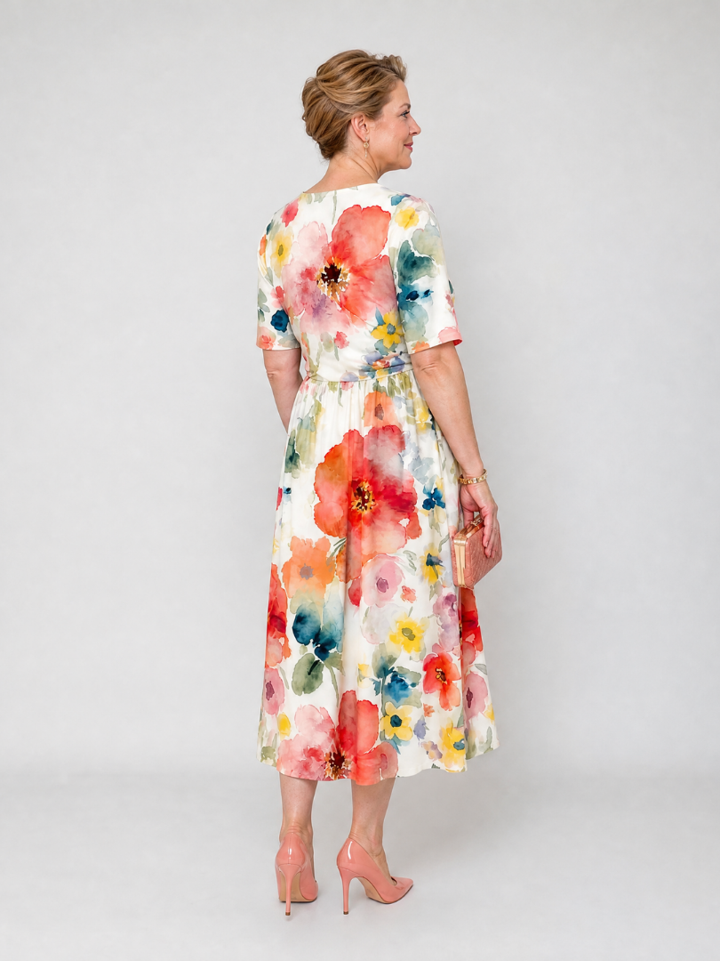 Corinne | Floral Print Short Sleeve V Neck Midi Dress 4