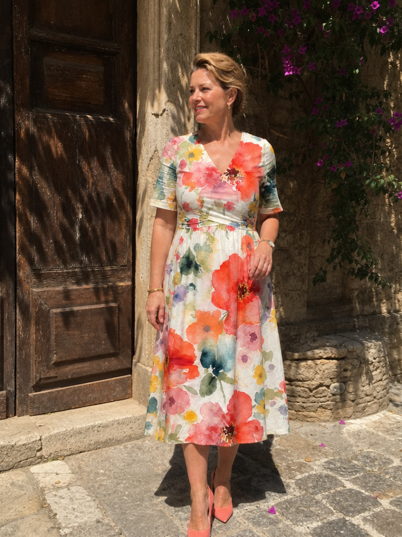 Corinne | Floral Print Short Sleeve V Neck Midi Dress 5