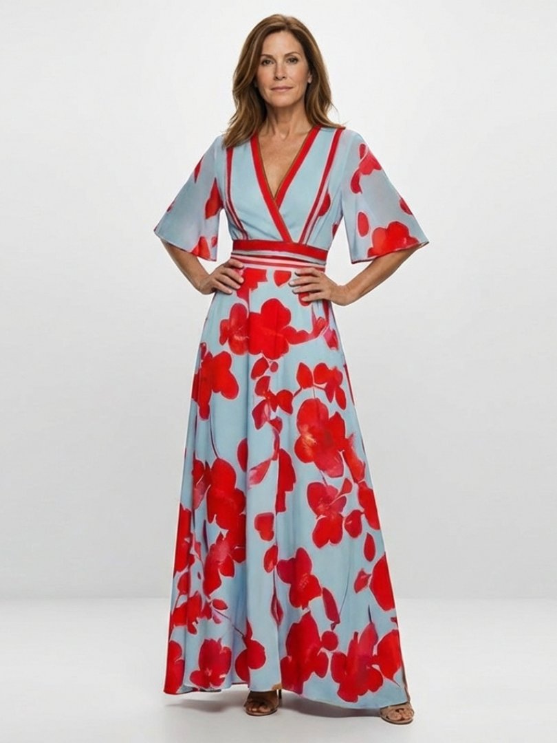 Corinne | V Neck Short Sleeve Floral Maxi Dress 0