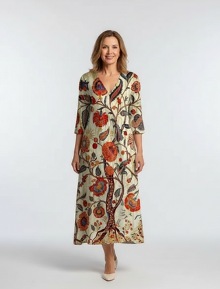 Corisande | V Neck Long Sleeve Floral Midi Dress 0