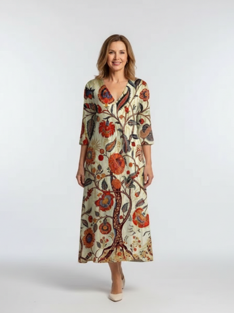 Corisande | V Neck Long Sleeve Floral Midi Dress 0