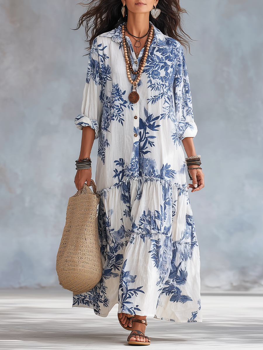 Dahlia™ | Bohemian Blue Floral Button-Down Tiered Maxi Dress 0