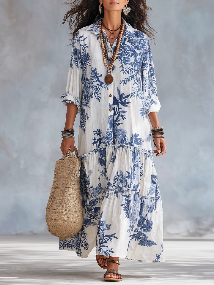 Dahlia™ | Bohemian Blue Floral Button-Down Tiered Maxi Dress 0