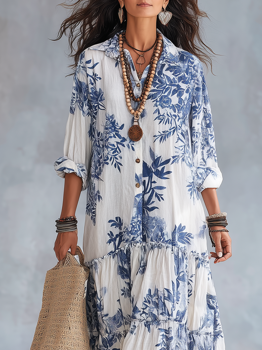 Dahlia™ | Bohemian Blue Floral Button-Down Tiered Maxi Dress 1
