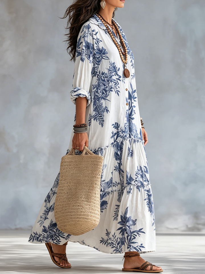 Dahlia™ | Bohemian Blue Floral Button-Down Tiered Maxi Dress 3