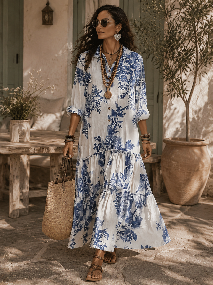 Dahlia™ | Bohemian Blue Floral Button-Down Tiered Maxi Dress 4
