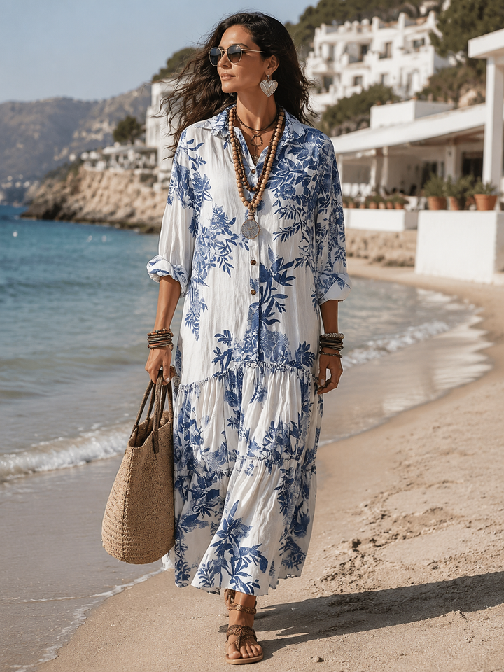 Dahlia™ | Bohemian Blue Floral Button-Down Tiered Maxi Dress 5
