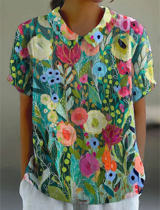 Daisy Floral Blouse | Watercolor Cotton-Linen Blend, Relaxed Fit 0