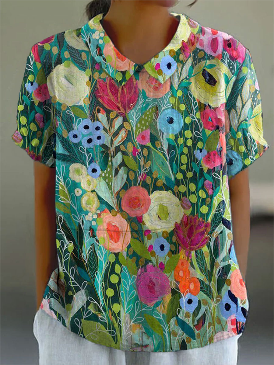 Daisy Floral Blouse | Watercolor Cotton-Linen Blend, Relaxed Fit 0