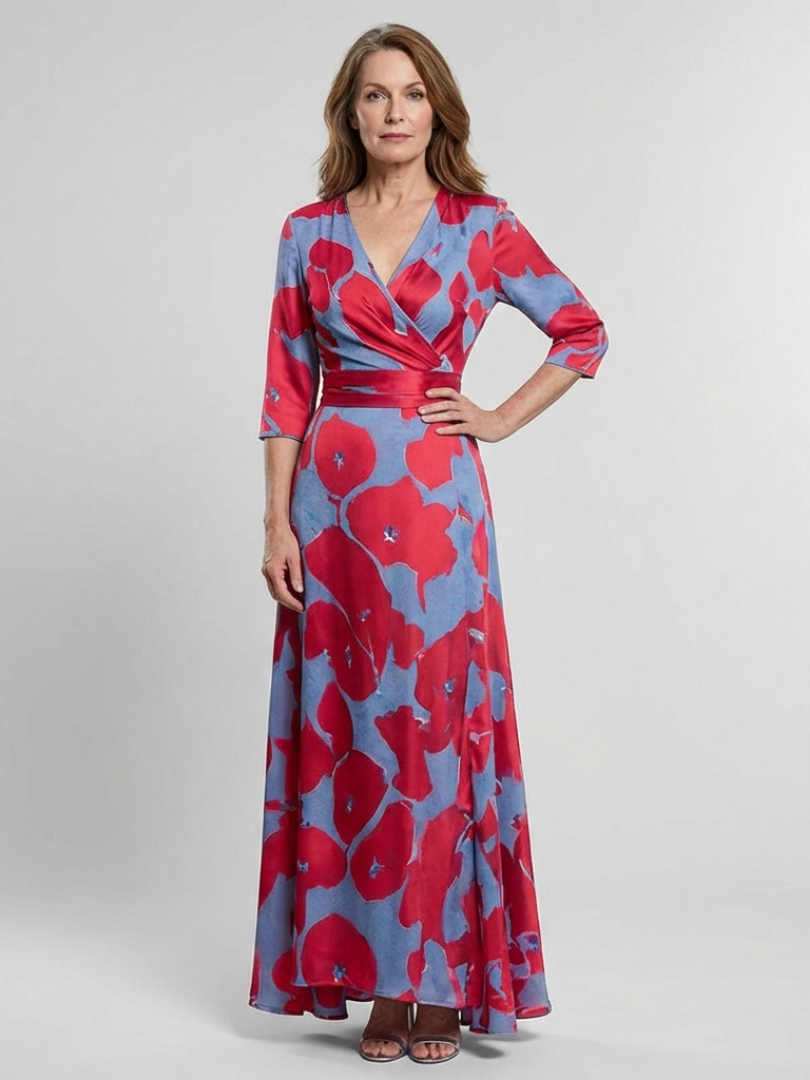 Danielle | Three Quarter Sleeve V Neck Floral Maxi Dress 0