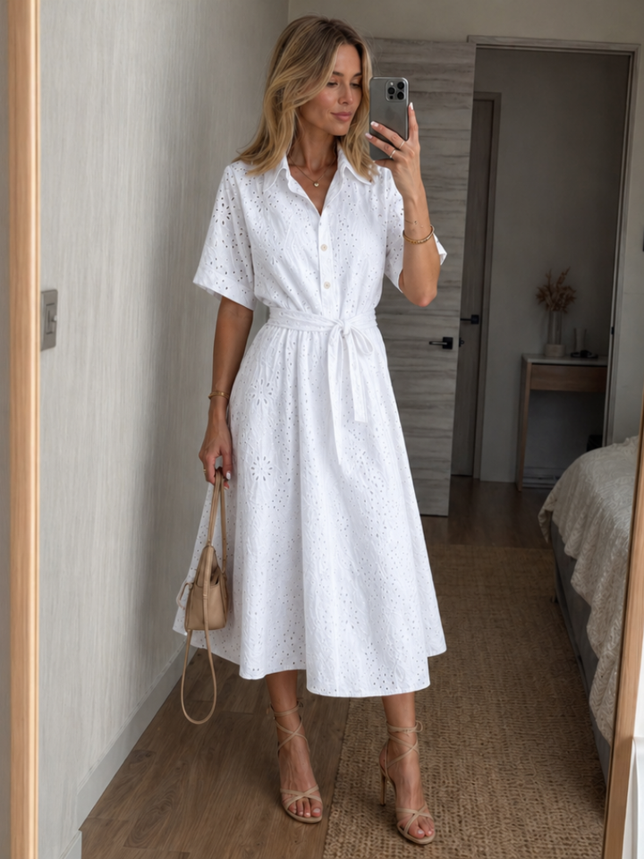Eden | Short Sleeve Button Front Waist Tie Midi Dress 0