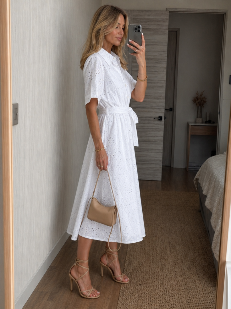 Eden | Short Sleeve Button Front Waist Tie Midi Dress 1