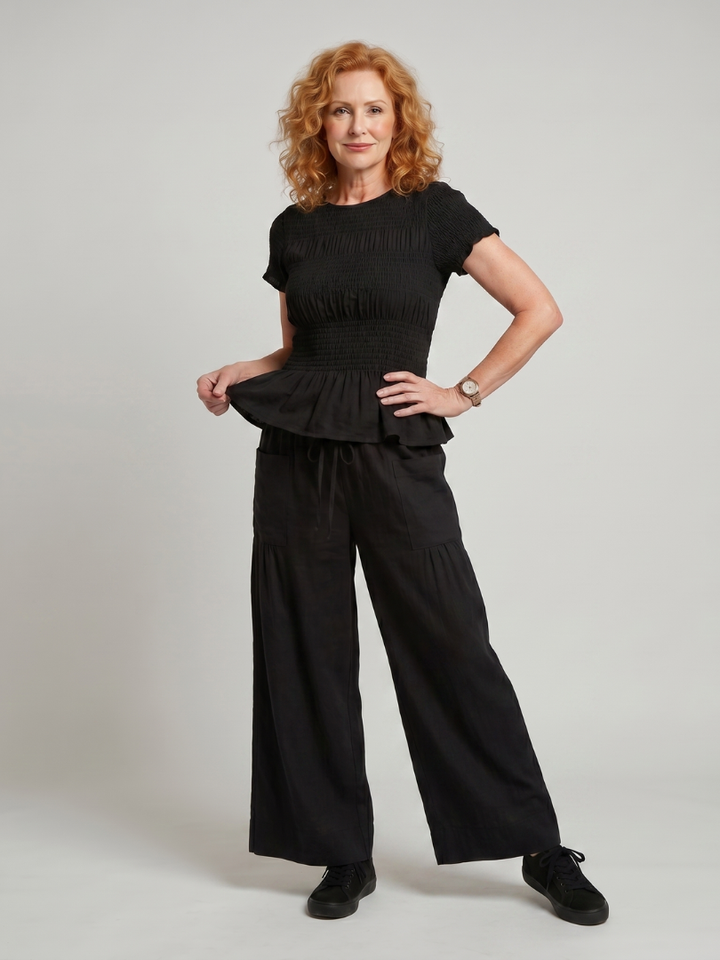 Eirenne | Peplum Detail Smocked Top And Wide Leg Pants Set 5