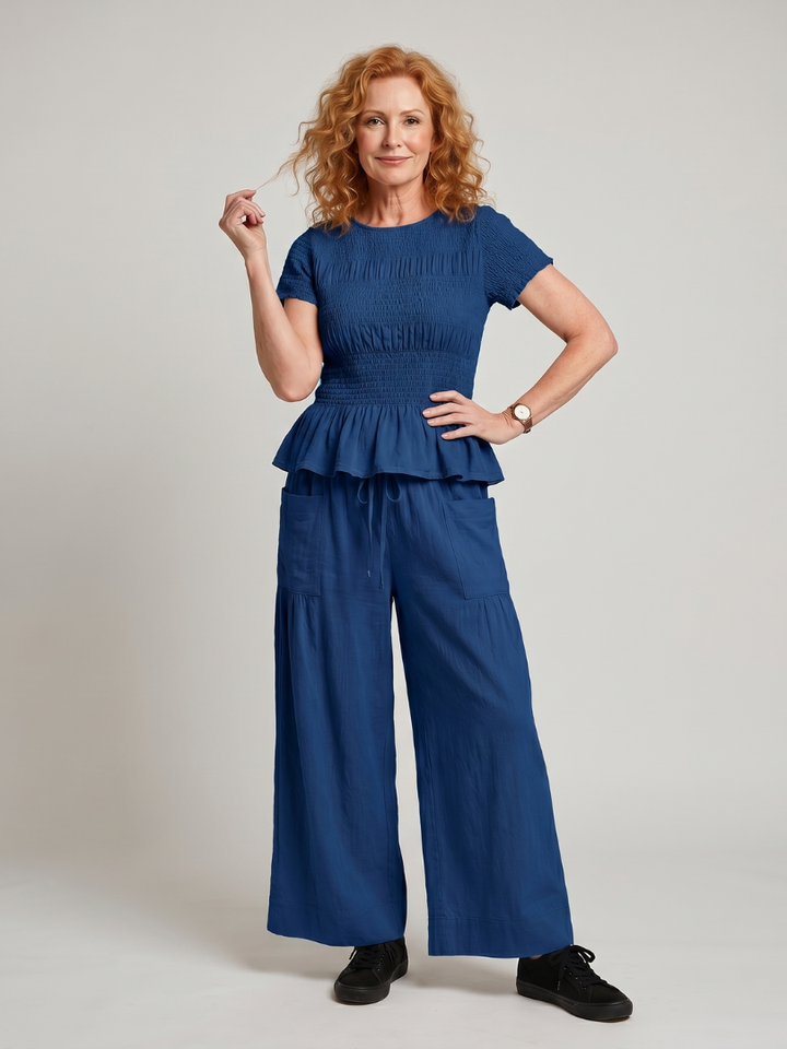 Eirenne | Peplum Detail Smocked Top And Wide Leg Pants Set 6