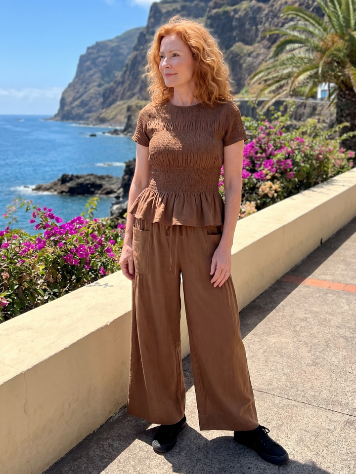 Eirenne | Peplum Detail Smocked Top And Wide Leg Pants Set 8