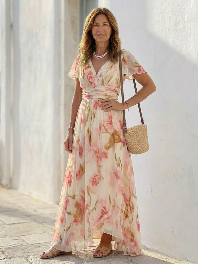 Elara | V Neck Short Sleeve Floral Maxi Dress 4