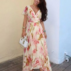 Elara | V Neck Short Sleeve Floral Maxi Dress 5