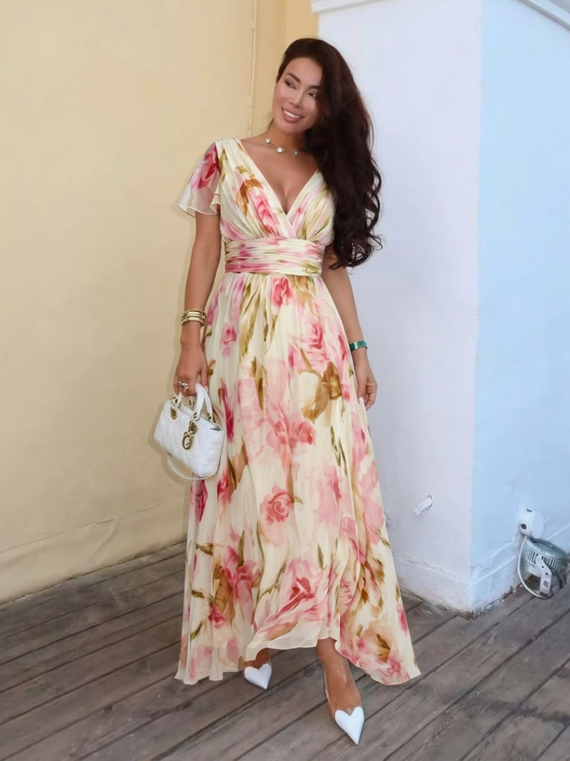 Elara | V Neck Short Sleeve Floral Maxi Dress 5