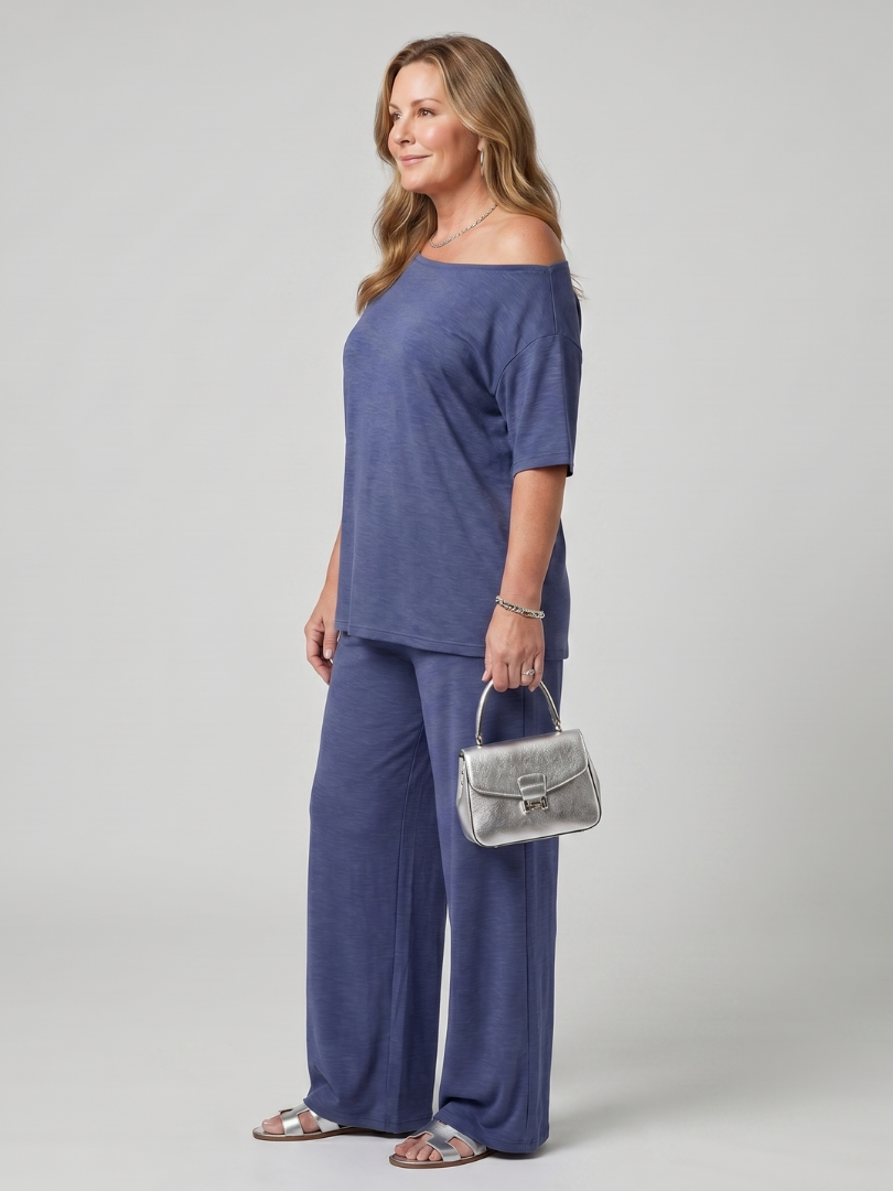 Elarim | Short Sleeve Off Shoulder Top And Wide Leg Pants Set 1