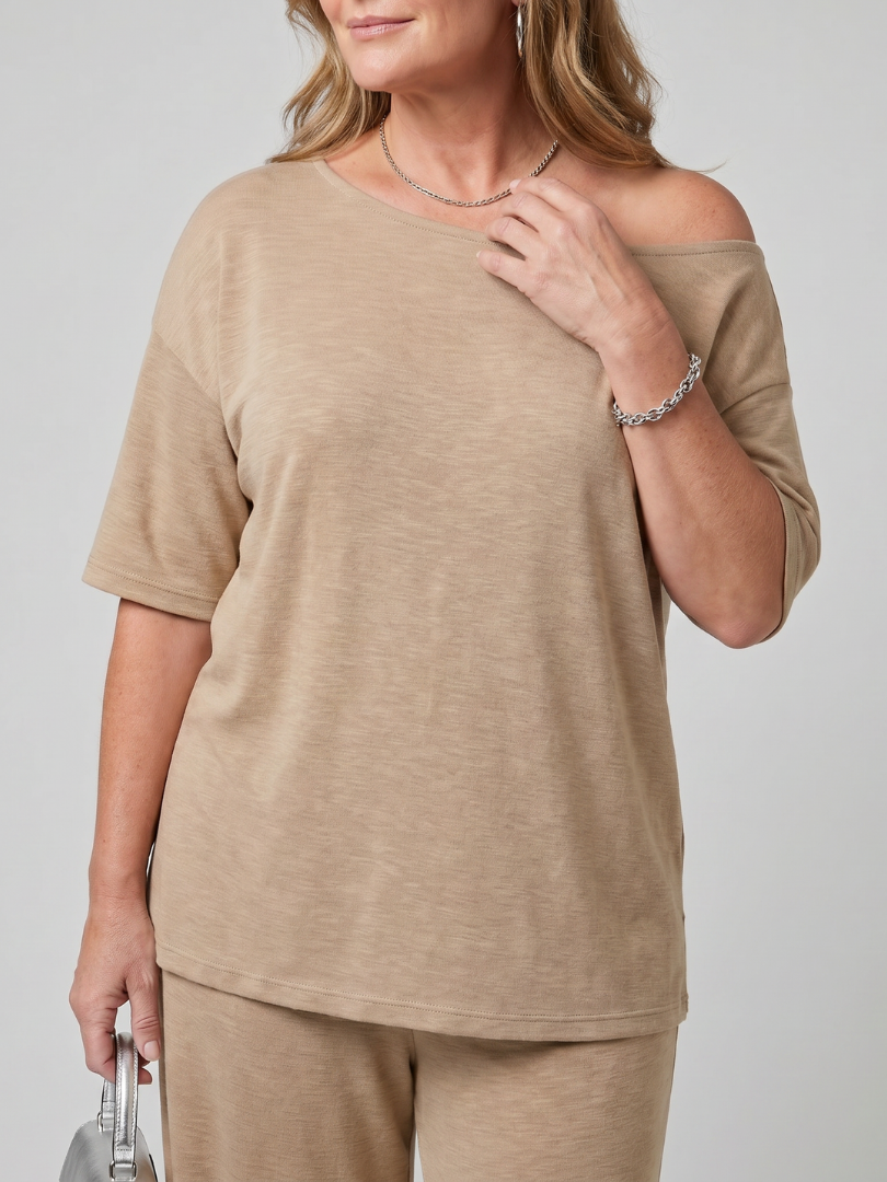 Elarim | Short Sleeve Off Shoulder Top And Wide Leg Pants Set 4