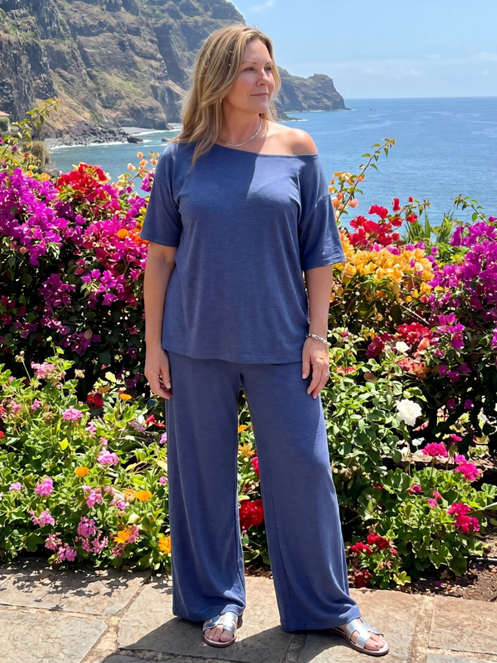 Elarim | Short Sleeve Off Shoulder Top And Wide Leg Pants Set 5