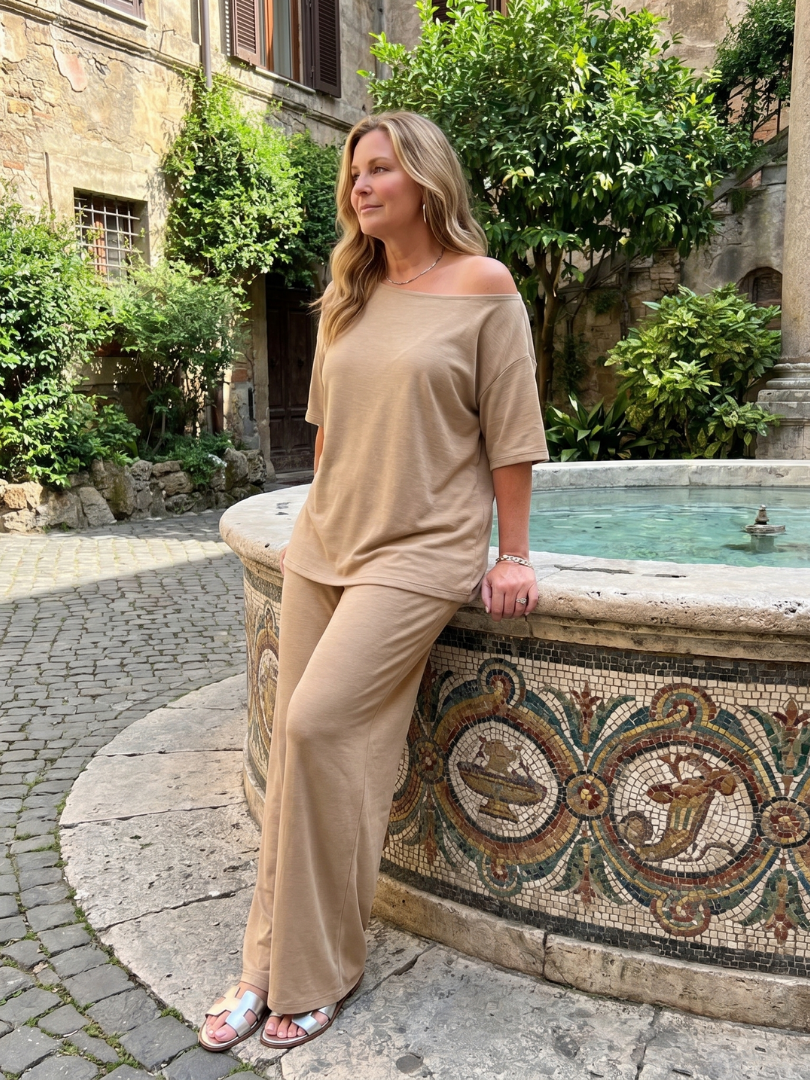 Elarim | Short Sleeve Off Shoulder Top And Wide Leg Pants Set 6