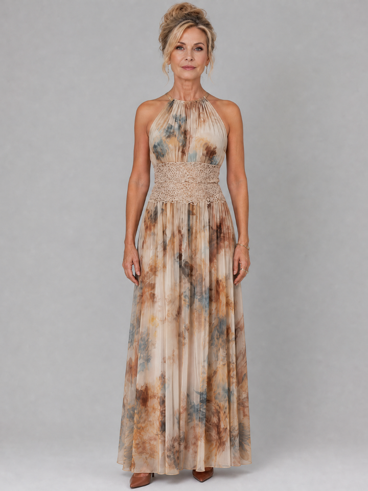 Elavenue | Halter Neck Lace Waist Maxi Dress 0