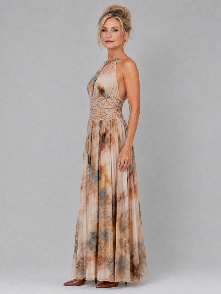 Elavenue | Halter Neck Lace Waist Maxi Dress 1
