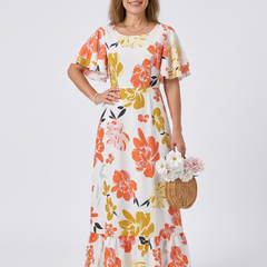 Elowen | Round Neck Short Sleeve Tiered Maxi Dress 0