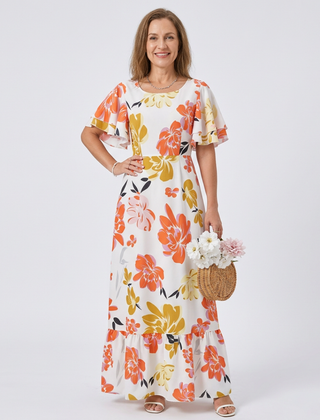Elowen | Round Neck Short Sleeve Tiered Maxi Dress 0