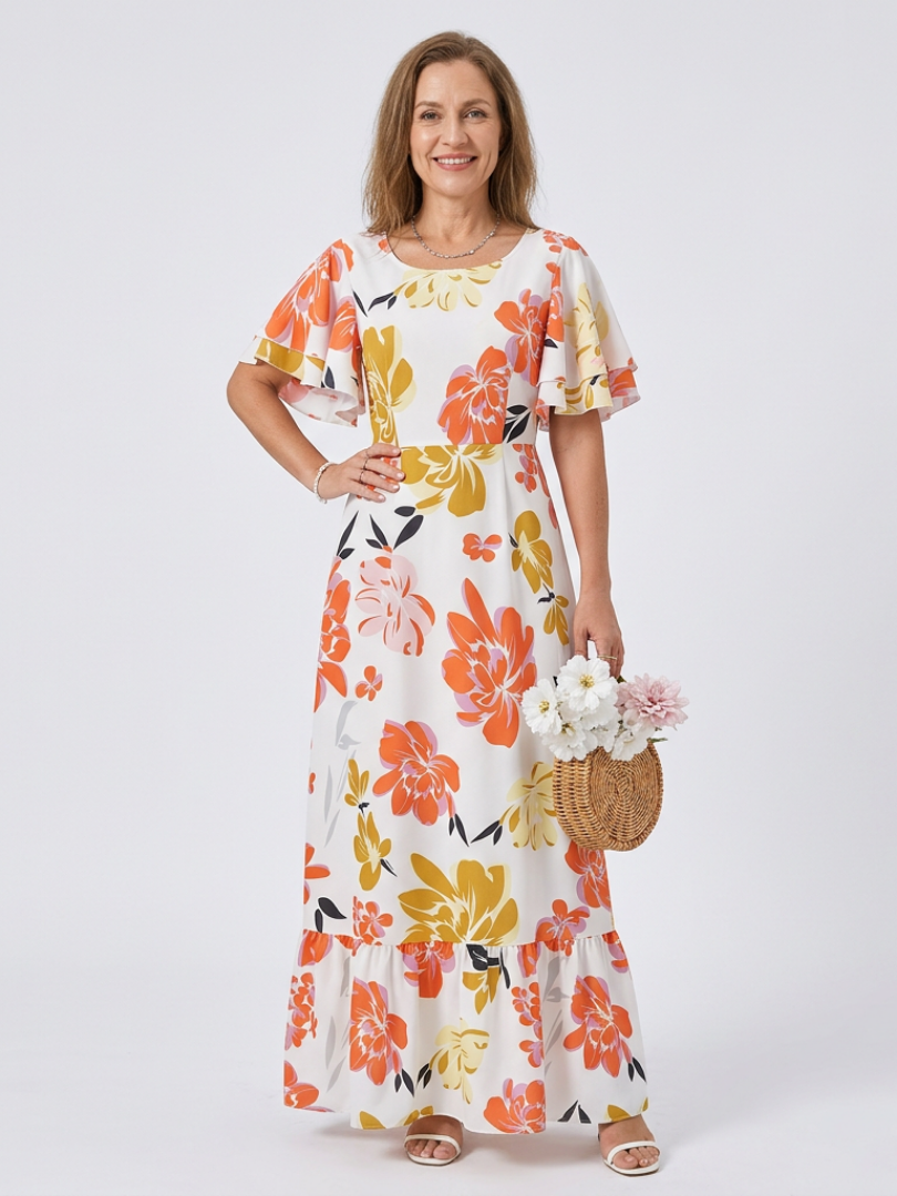 Elowen | Round Neck Short Sleeve Tiered Maxi Dress 0