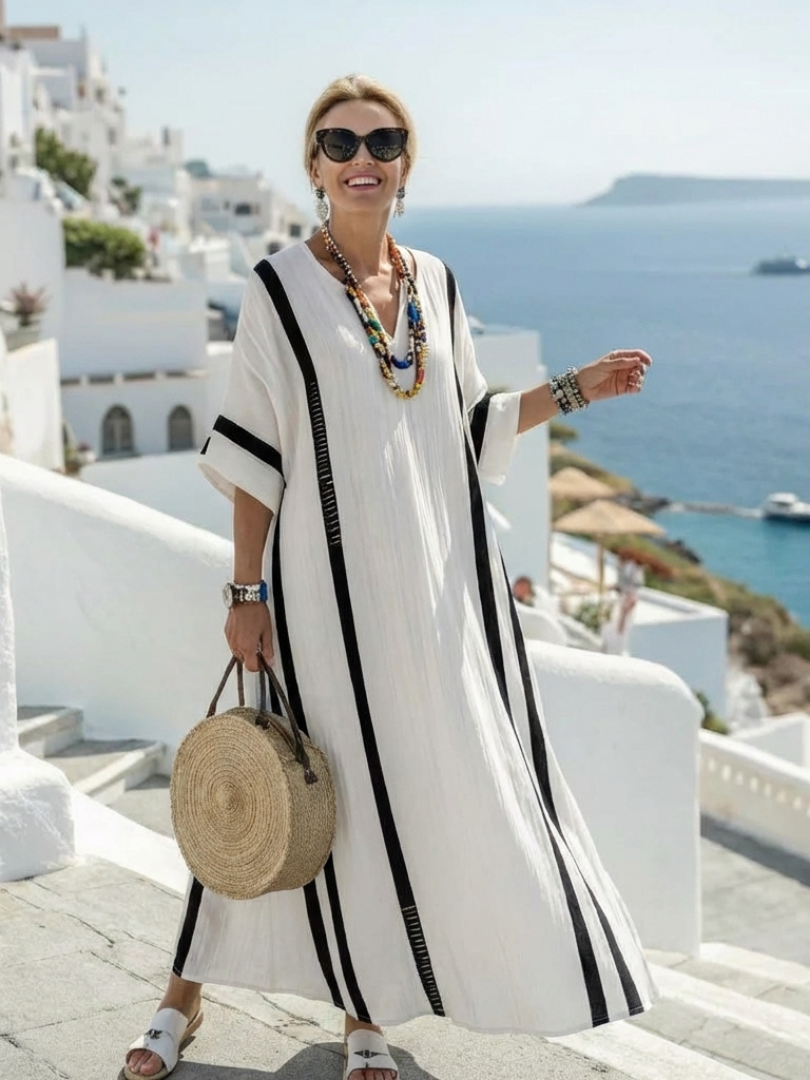 Elvienne | Short Sleeve Color Block Striped Maxi Dress 0