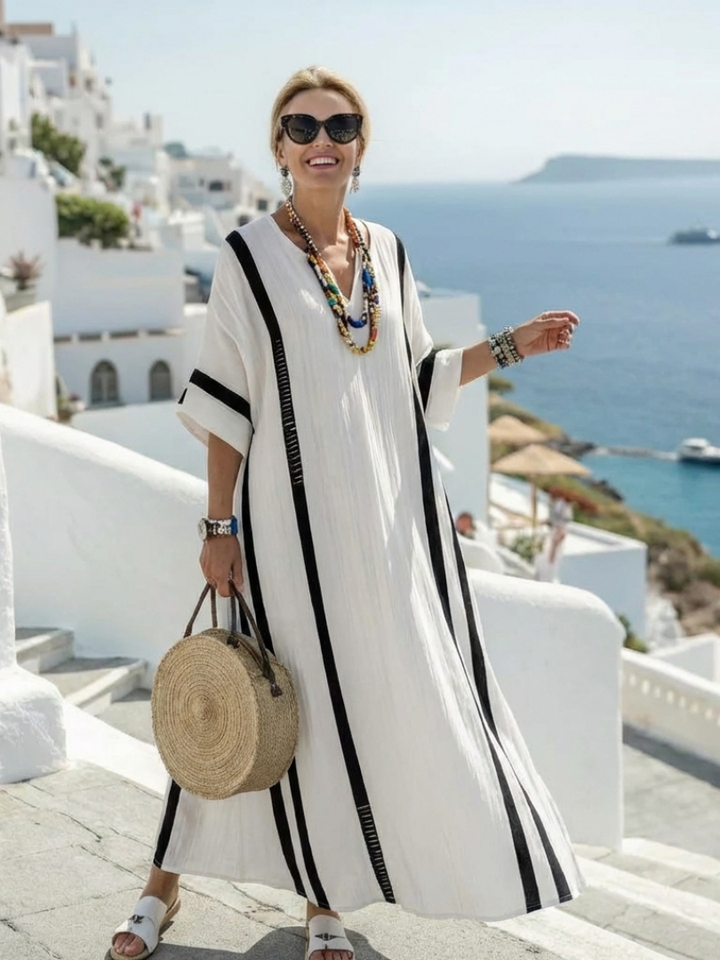 Elvienne | Short Sleeve Color Block Striped Maxi Dress 0