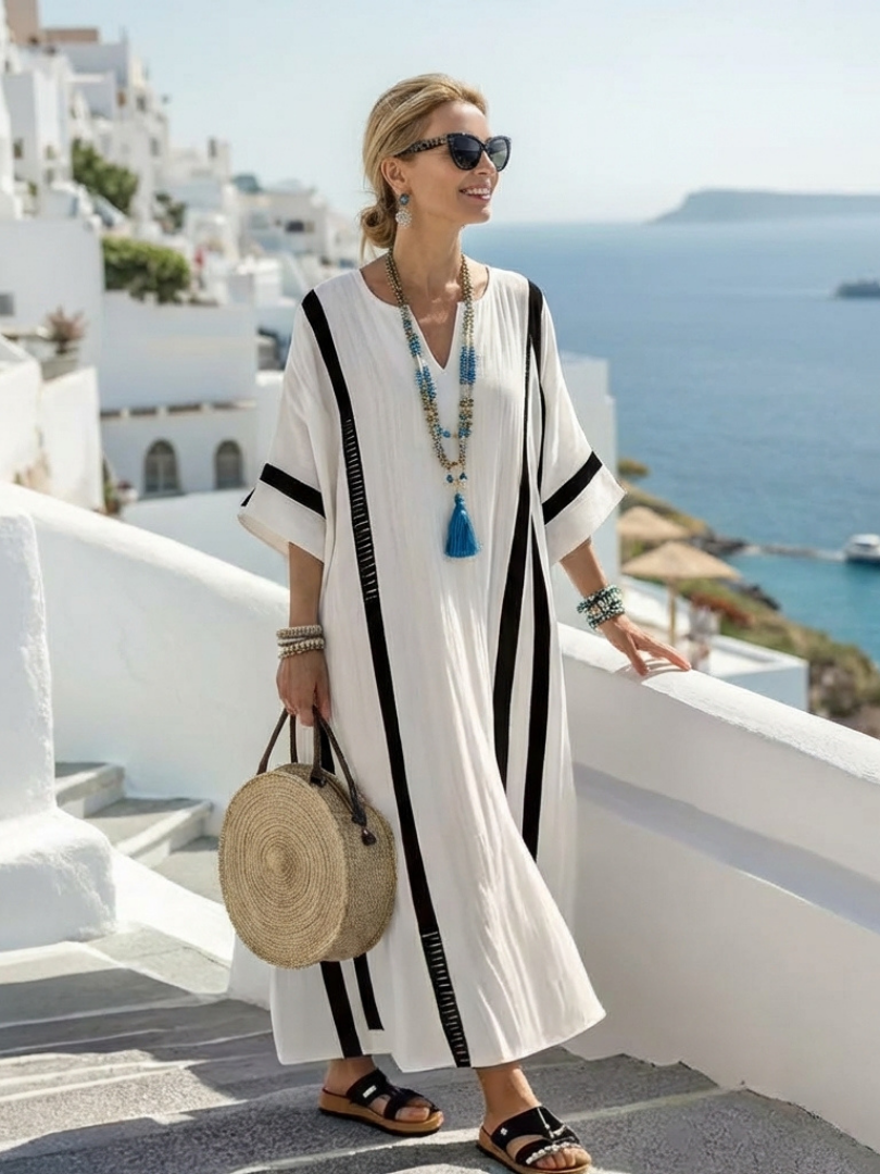 Elvienne | Short Sleeve Color Block Striped Maxi Dress 1