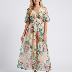 Eulalie | V Neck Short Sleeve Gathered Waist Midi Dress 0