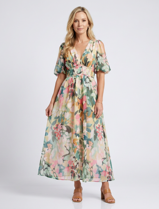 Eulalie | V Neck Short Sleeve Gathered Waist Midi Dress 0