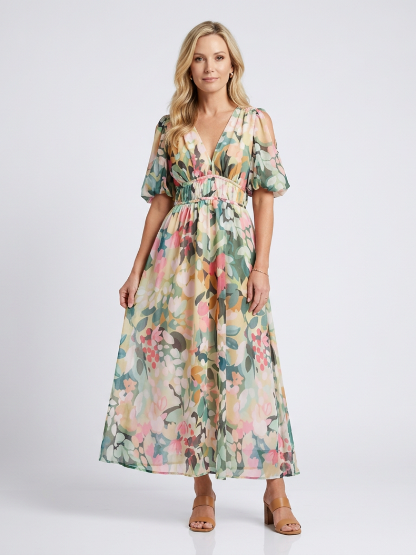 Eulalie | V Neck Short Sleeve Gathered Waist Midi Dress 0