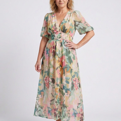 Eulalie | V Neck Short Sleeve Gathered Waist Midi Dress 2