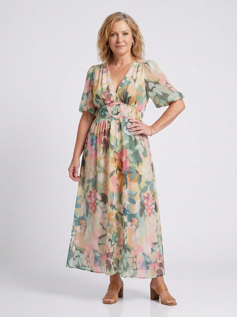 Eulalie | V Neck Short Sleeve Gathered Waist Midi Dress 2