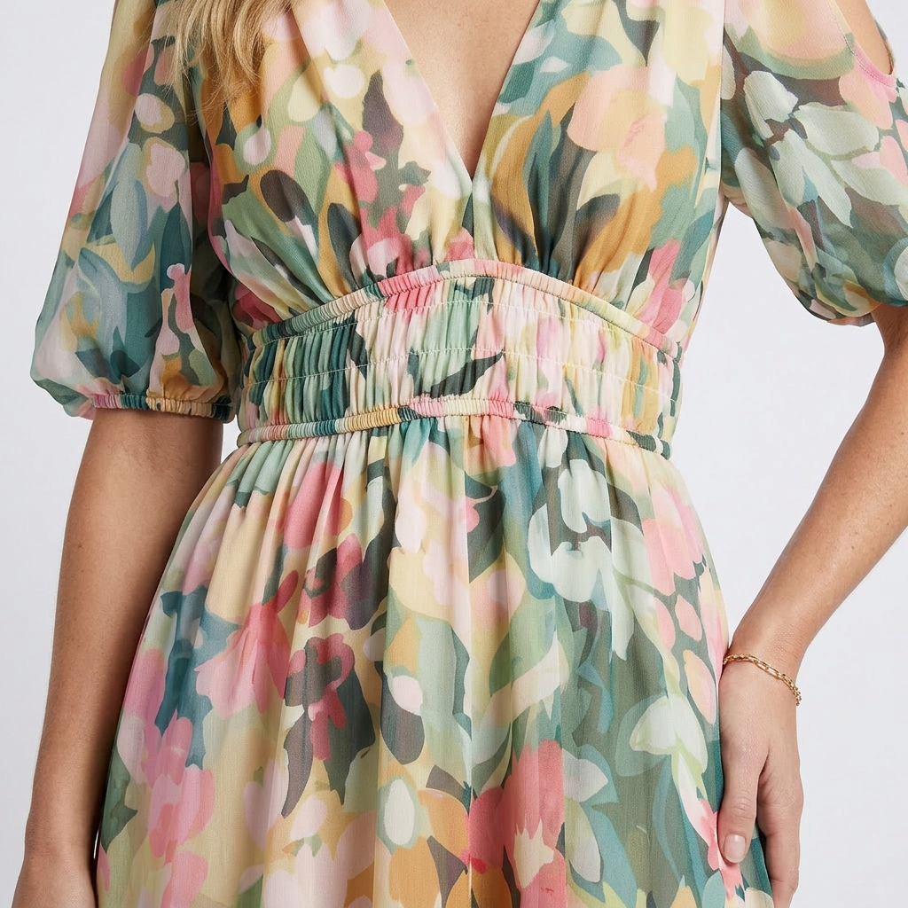 Eulalie | V Neck Short Sleeve Gathered Waist Midi Dress 3