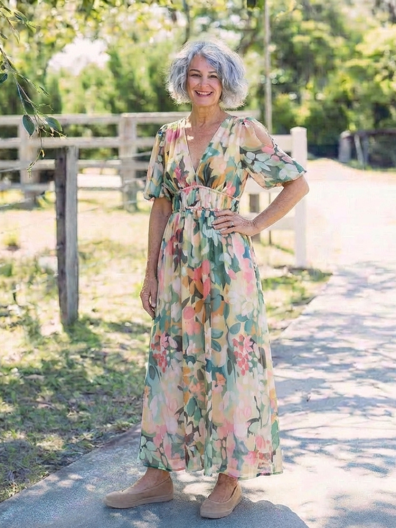 Eulalie | V Neck Short Sleeve Gathered Waist Midi Dress 4