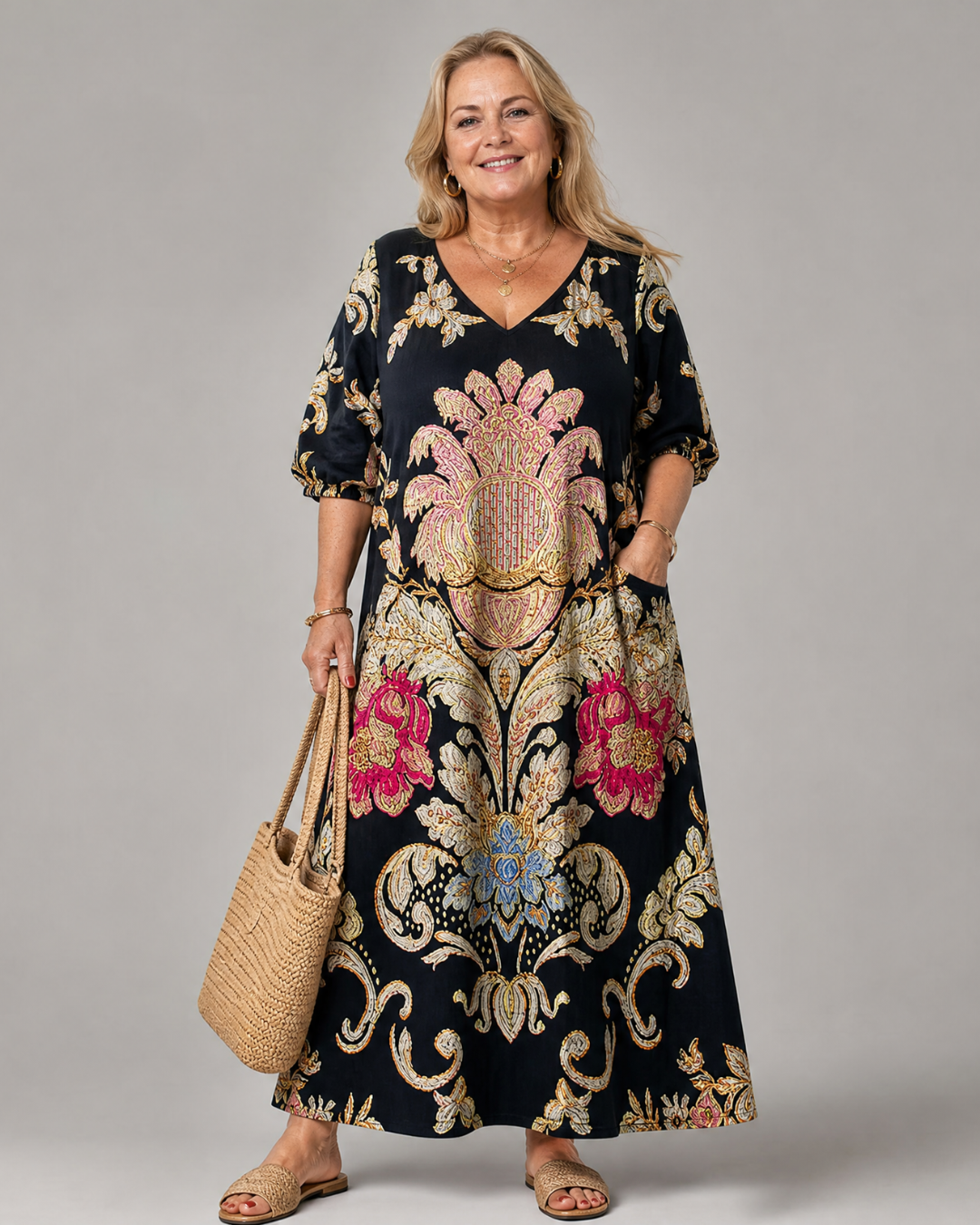 Evarose | Ornate Vintage Print Three Quarter Sleeve Midi Dress 0