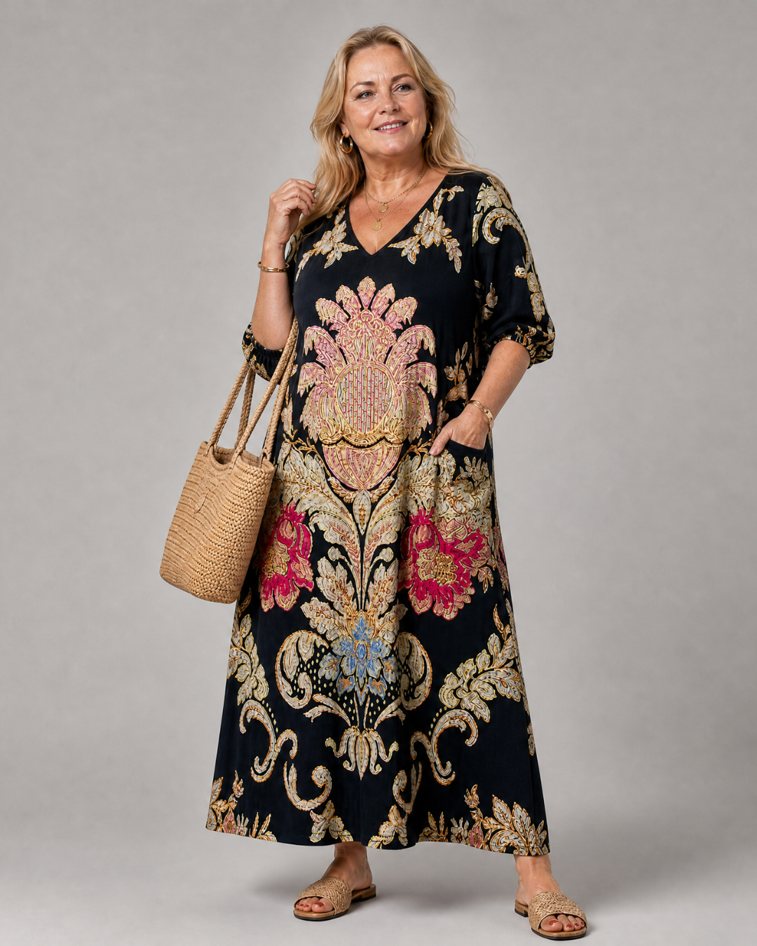 Evarose | Ornate Vintage Print Three Quarter Sleeve Midi Dress 3