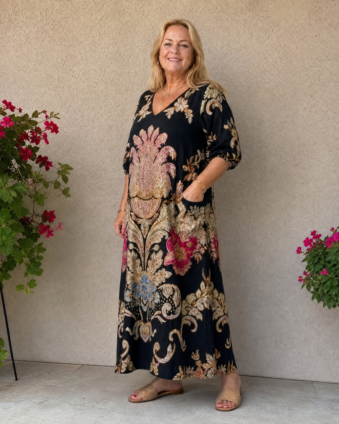Evarose | Ornate Vintage Print Three Quarter Sleeve Midi Dress 4