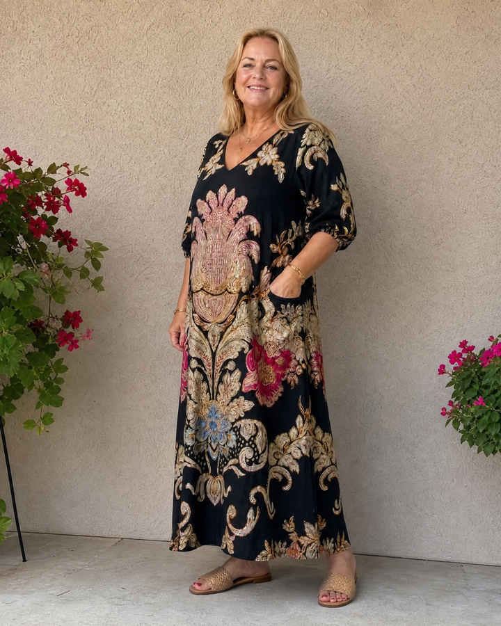 Evarose | Ornate Vintage Print Three Quarter Sleeve Midi Dress 4