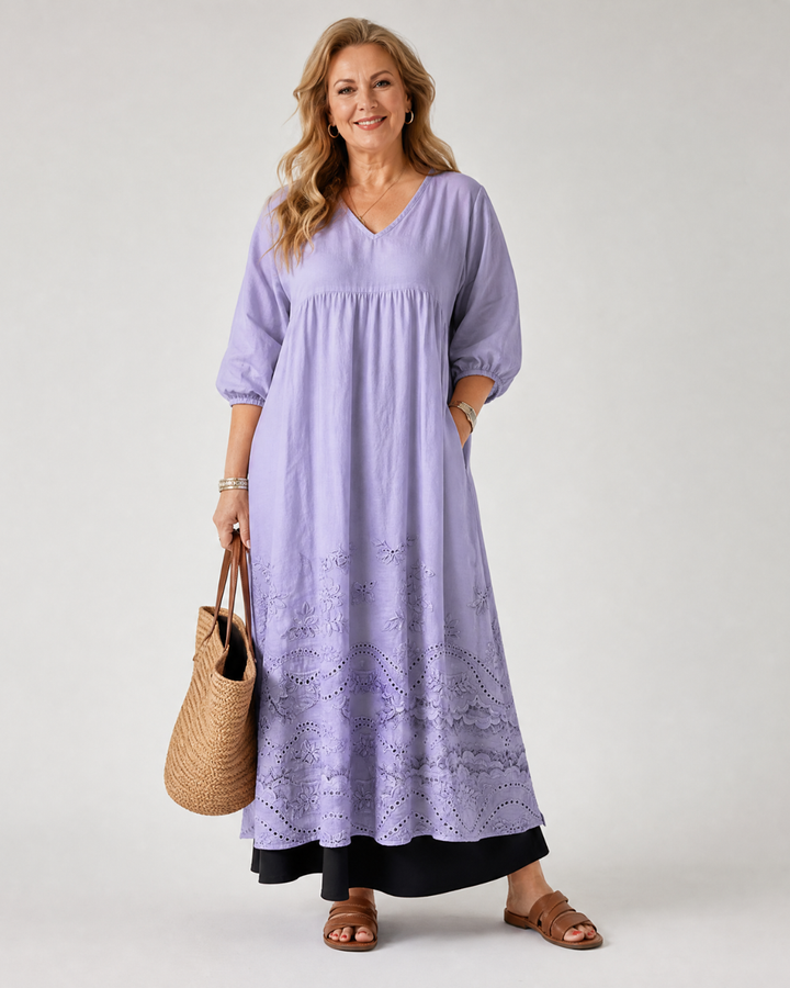 Evelene | Embroidered Hem Everyday Pocket Midi Dress 0