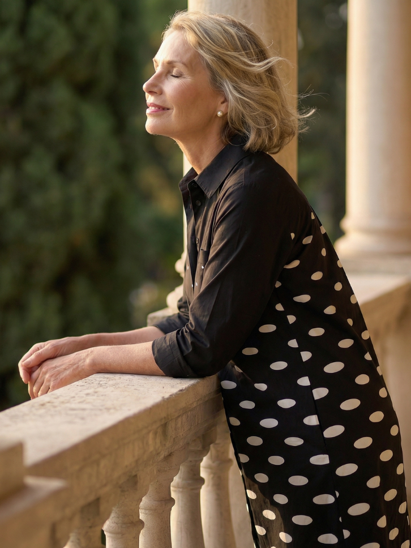 Faye Evening Dress | Lightweight Polka Dot, Knee Length 2