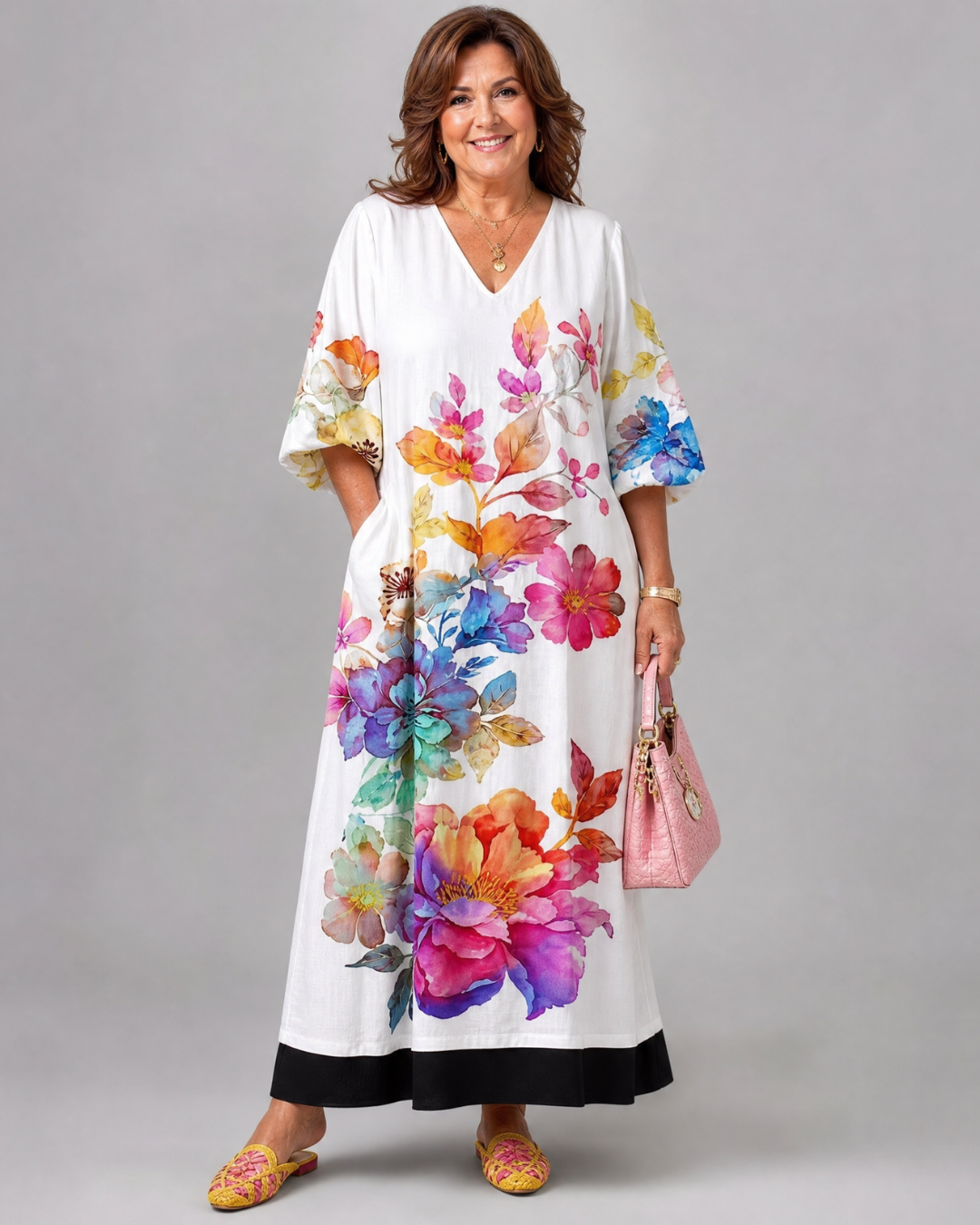 Florienne | Watercolor Bloom Print Flowing Pocket Midi Dress 0