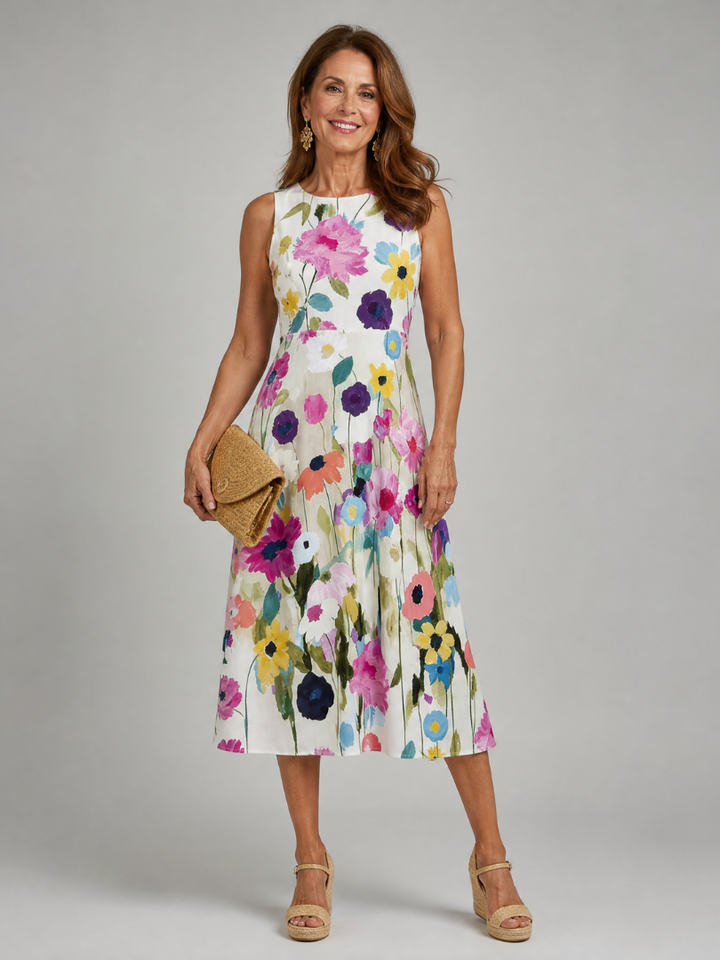 Flory | Floral Print Sleeveless Round Neck Midi Dress 0