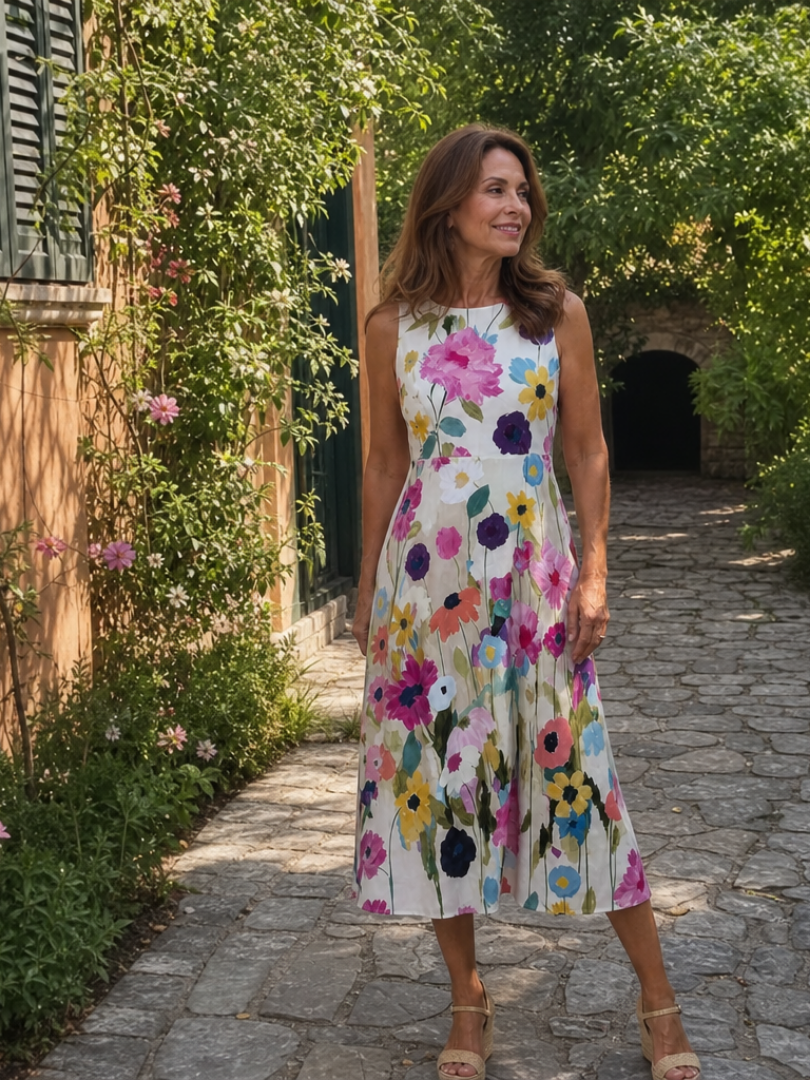 Flory | Floral Print Sleeveless Round Neck Midi Dress 5